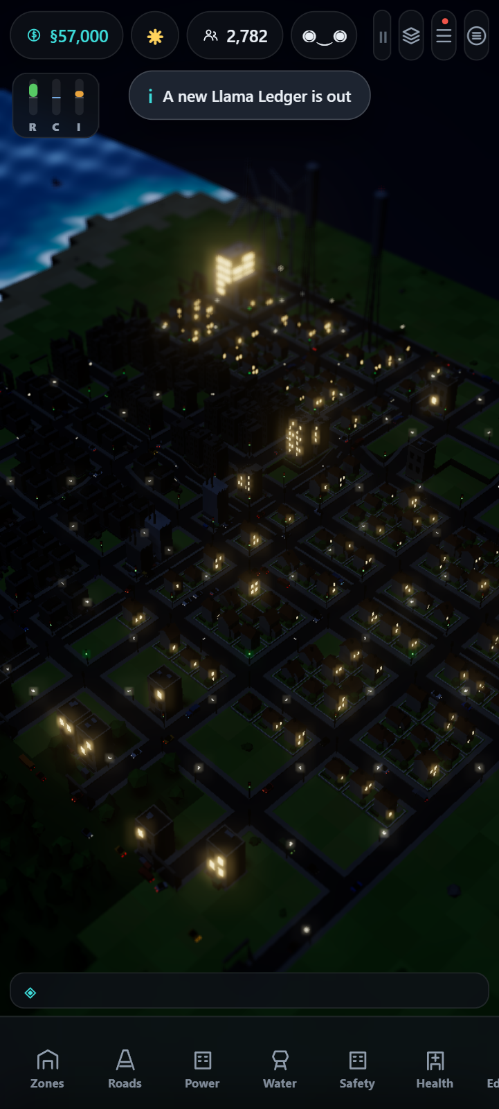 A futuristic SethCity skyline in the mobile game